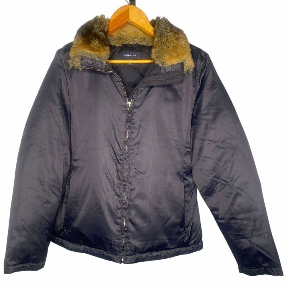 Lands End‎ Jacket Women Small Black Goose Down Parka Puffer Coat Faux Fur Trim